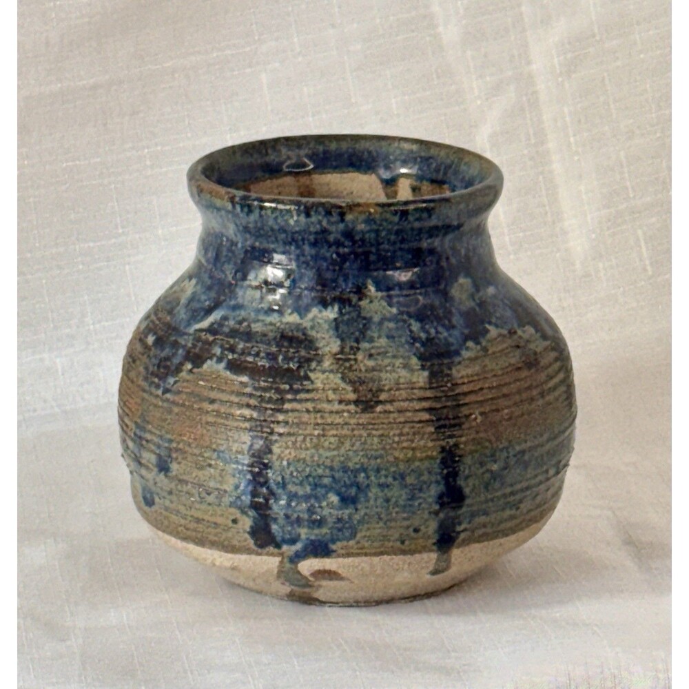 1970s Vintage Hand Made Studio Pottery Vase Blue Drip Glaze Stoneware Signed